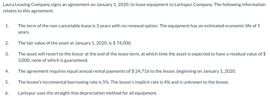 5. need help preparing the lease amortization schedule Laura Leasing Company signs