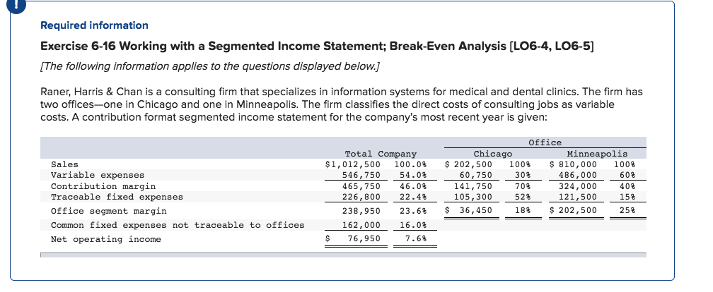 Required informatio Exercise 6-16 Working with a Segmented Income Statement; Break-Even