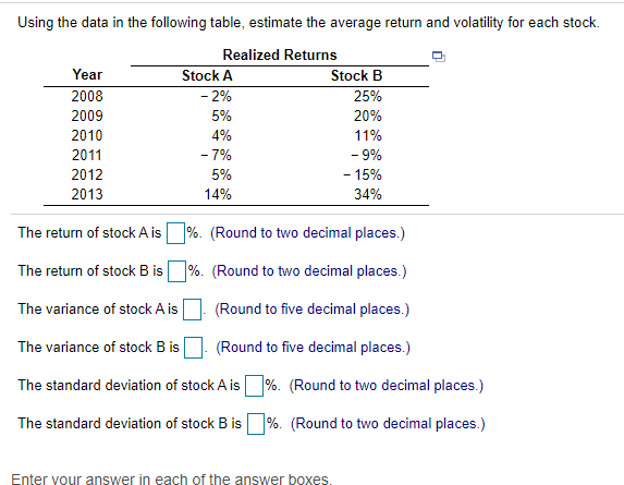  Using the data in the following table, estimate the average return