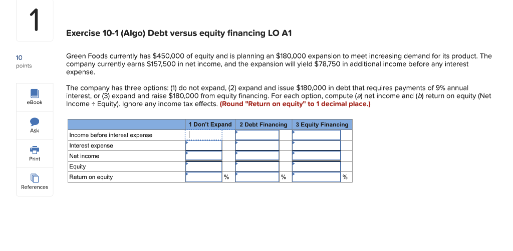  1 Exercise 10-1 (Algo) Debt versus equity financing LO A1 10