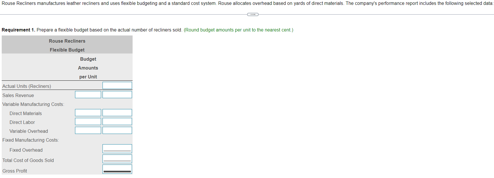 actual number of recliners sold. (Round budget amounts per unit to the
