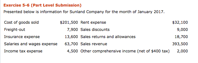 Exercise 5-6 (Part Level Submission) Presented below is information for Sunland