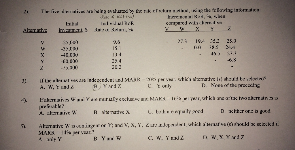 Answer 4 & 5 2). The five alternatives are being evaluated by