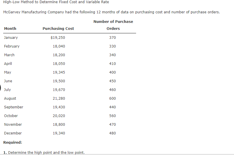  High-Low Method to Determine Fixed Cost and Variable Rate McGarvey Manufacturing
