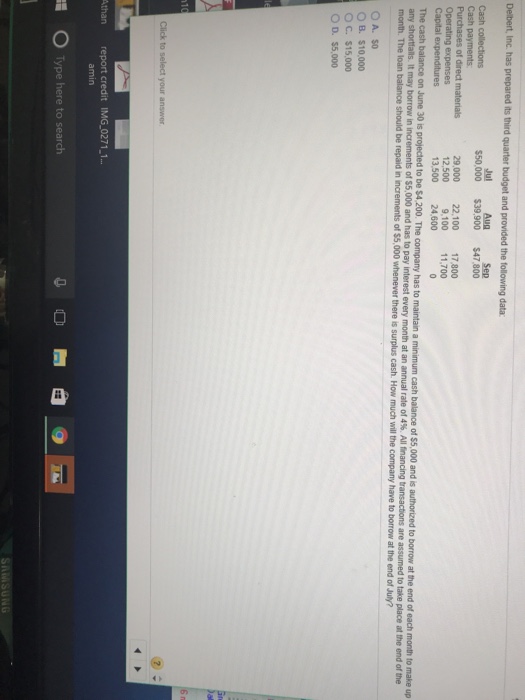  Delbert, nc. has prepared its third quarter budget and provided the