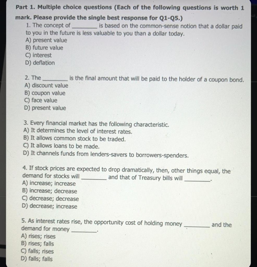 pleas i will rate Part 1. Multiple choice questions (Each of the
