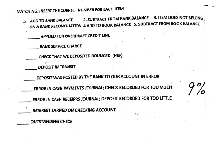  MATCHING: INSERT THE CORRECT NUMBER FOR EACH ITEM D TO BANK