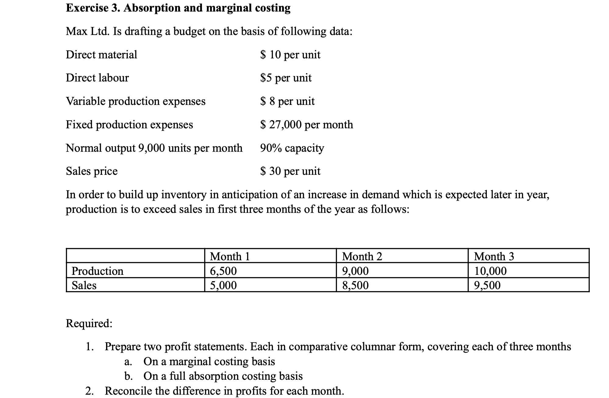 Exercise 3. Absorption and marginal costing Max Ltd. Is drafting a