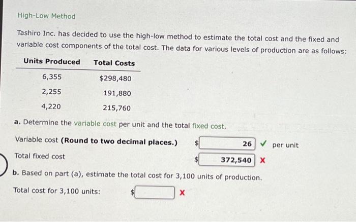  Tashiro Inc. has decided to use the high-low method to estimate