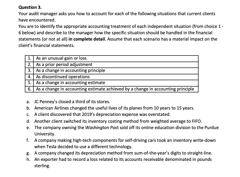 Question 3. Your audit manager asks you how to account for