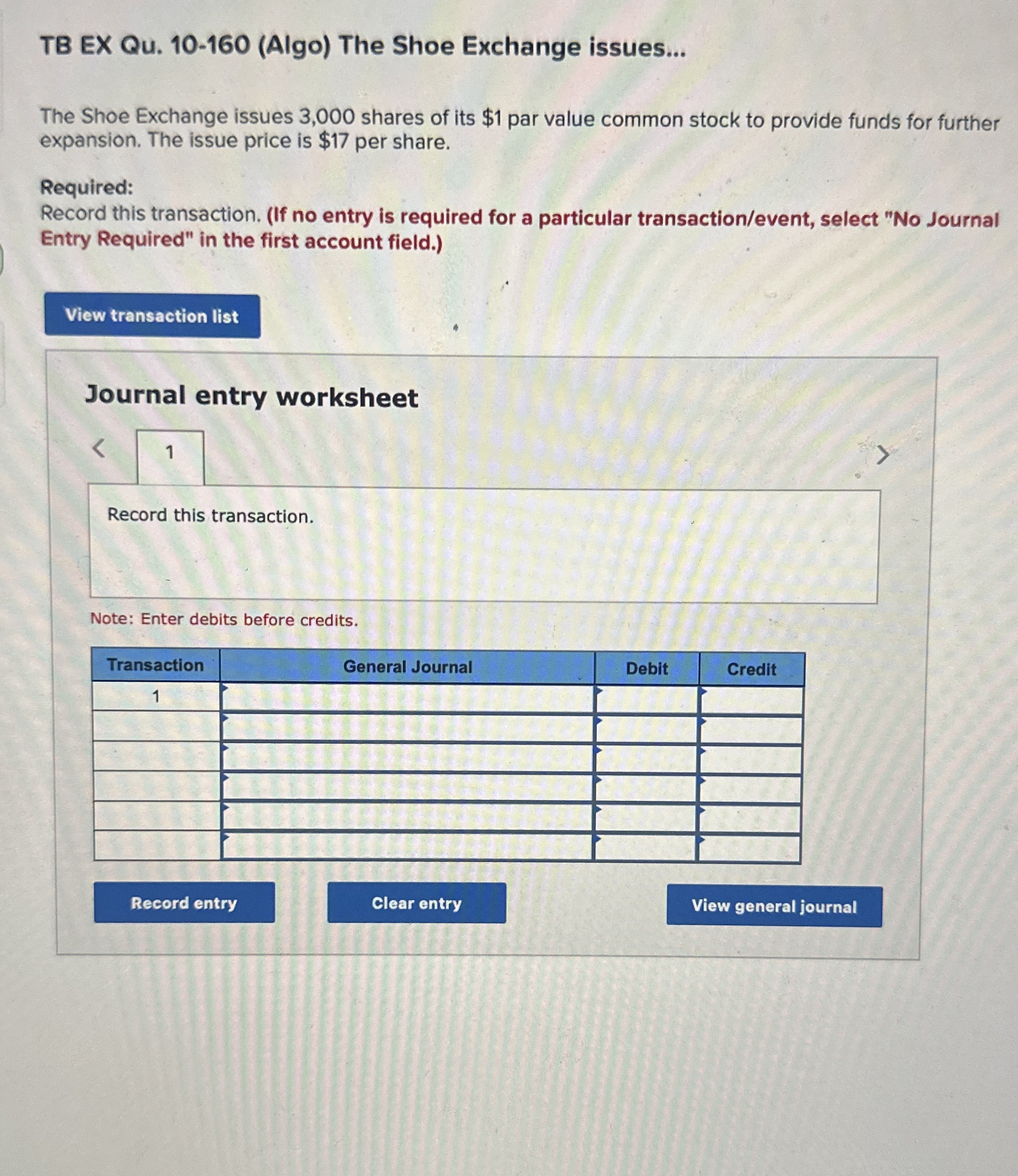  TB EX Qu.10-160(Algo) The Shoe Exchange issues... The Shoe Exchange issues