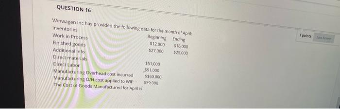  QUESTION 16 points VAnwagen Inc has provided the following data for