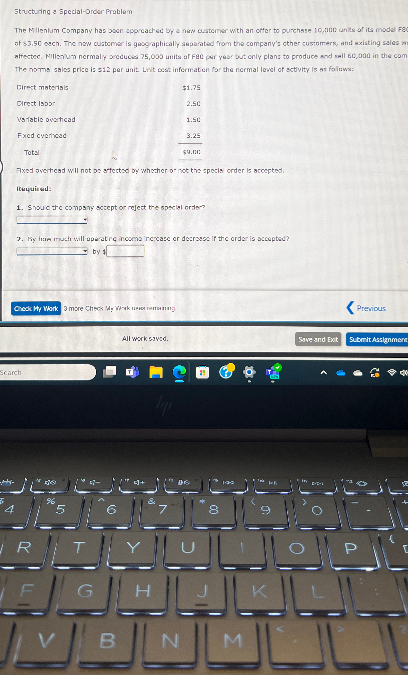  Structuring a Special-Order Problem The Millenium Company has been approached by