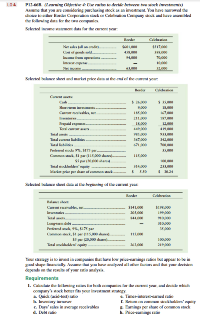  LO4 P12-66B. (Learning Objective 4: Use ratios to decide between two