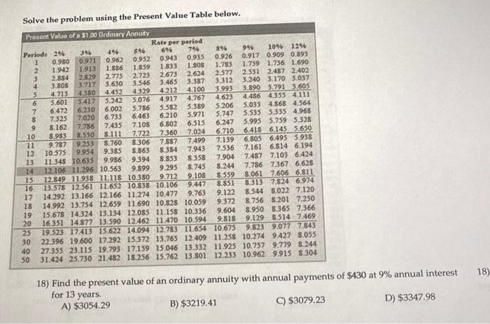  Solve the problem using the Present Value Table below. 18) Find
