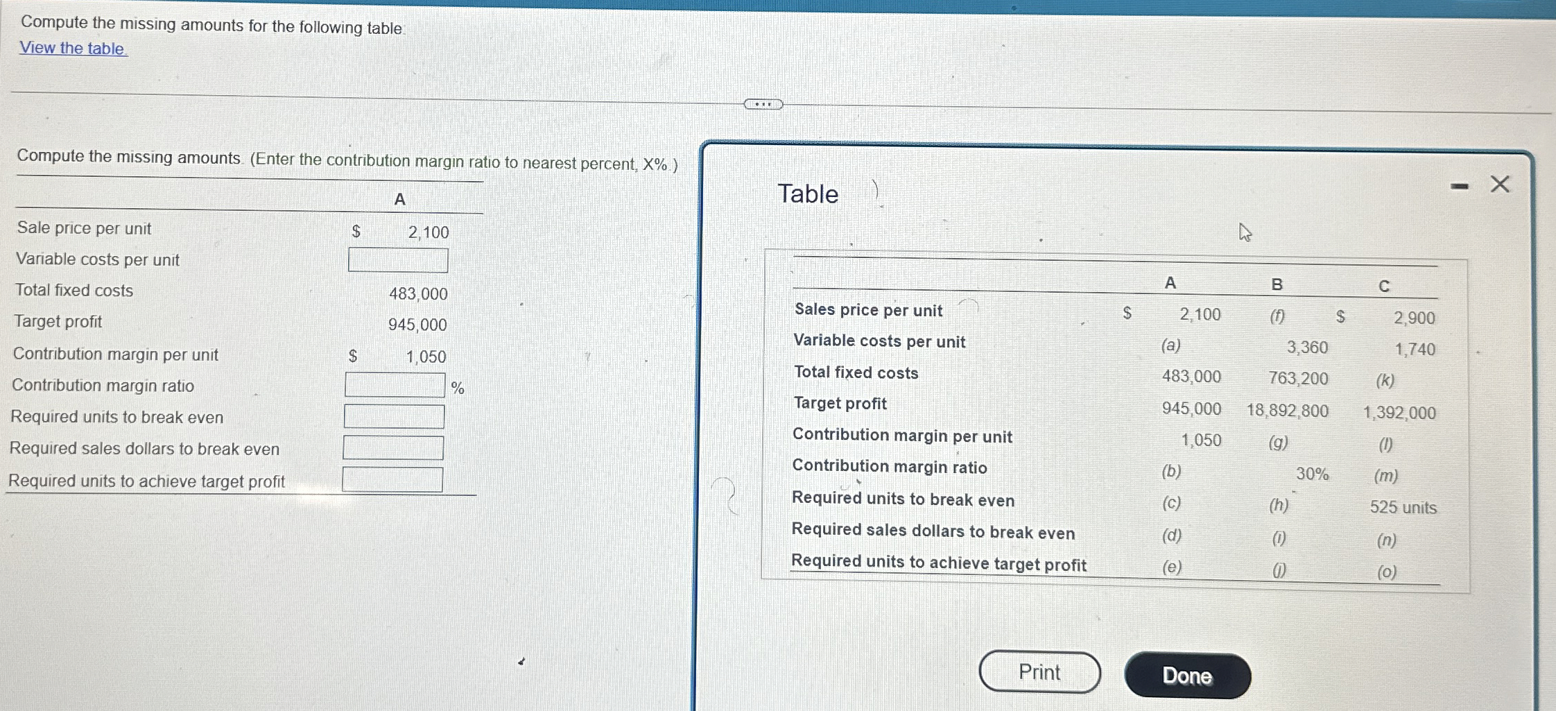  Compute the missing amounts for the following table: View the table.