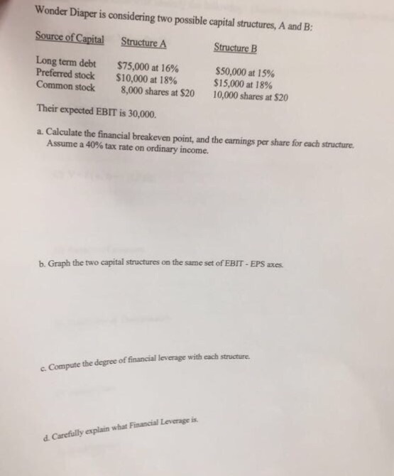  Wonder Diaper is considering two possible capital structures, A and B: