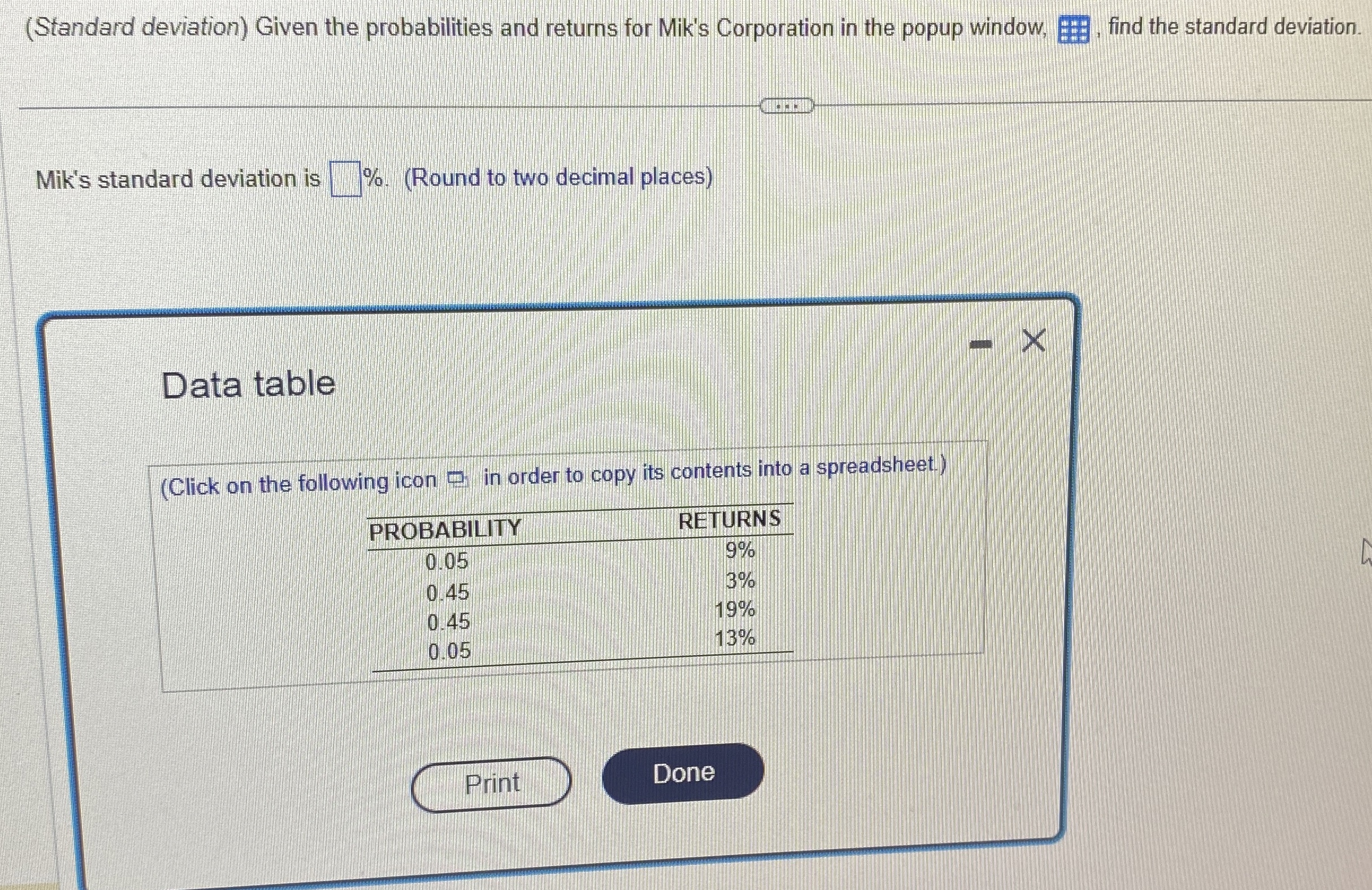  (Standard deviation) Given the probabilities and returns for Mik's Corporation in