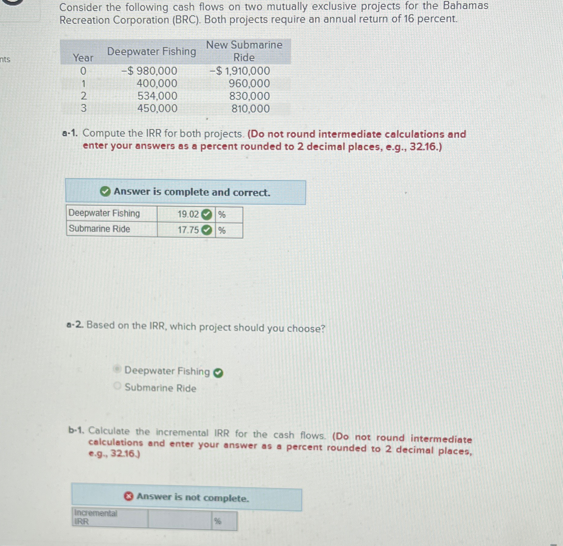  Consider the following cash flows on two mutually exclusive projects for