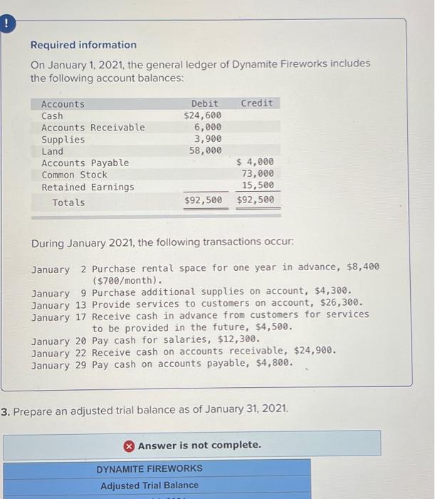  ! Required information On January 1, 2021, the general ledger of