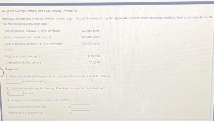  Weighted Average Method, Unit Cost, Valuing Inventories Applegate Enterprises produces premier