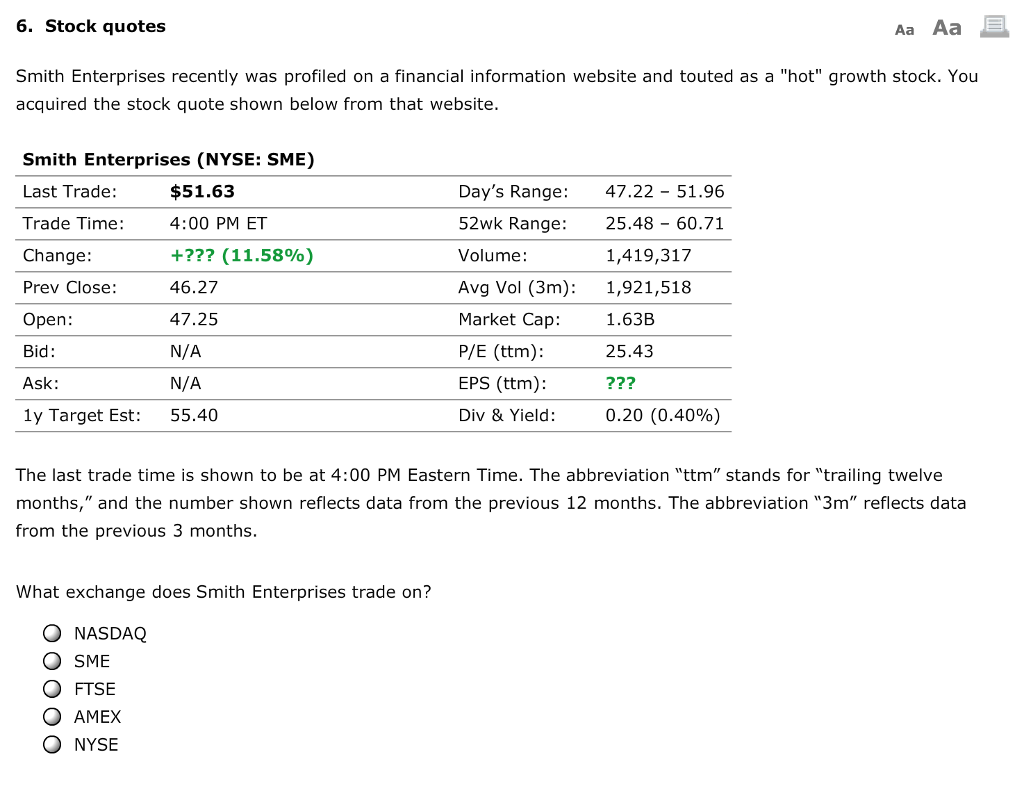  6. Stock quotes Aa Aa Smith Enterprises recently was profiled on