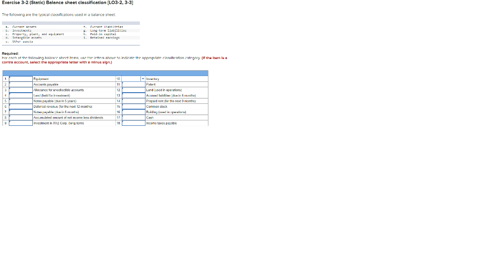  Exercise 3-2 (Static) Balance sheet classification (LO3-2, 3-3] The following are