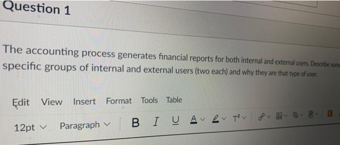  Question 1 The accounting process generates financial reports for both internal