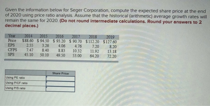  Given the information below for Seger Corporation, compute the expected share