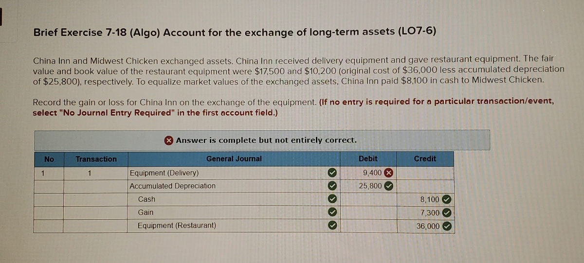  Brief Exercise 7-18(Algo) Account for the exchange of long-term assets (LO7-6)
