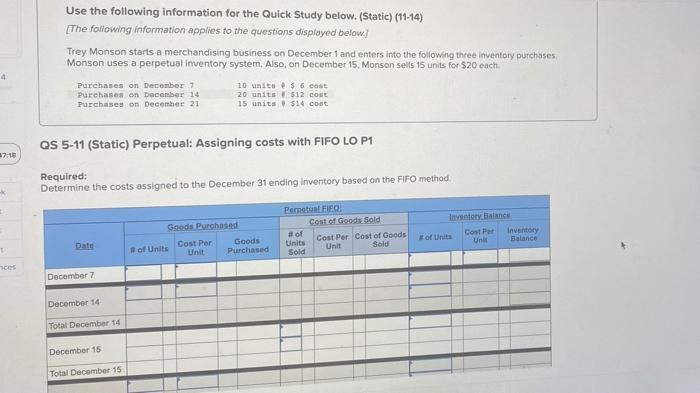  Use the following information for the Quick Study below. (Static) (11-14)