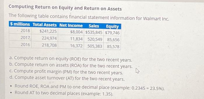  Computing Return on Equity and Return on Assets The following table