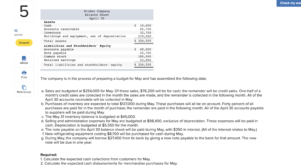  Check my wol 10 Minden Company Balance Sheet April 30 Assets