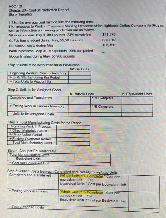 steps 1 through 5 ACC 121 Chapter 20 - Cost of Production