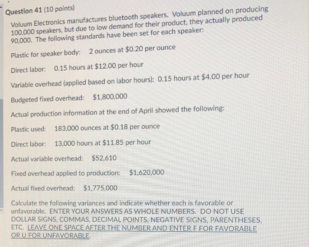 Old MathJax webview Question 41 (10 points) Voluum Electronics manufactures bluetooth speakers.