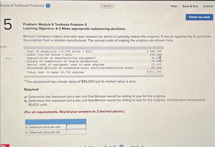  Problem: Module 6 Textbook Problem 5 Learning Objective: 6-3 Make appropriate