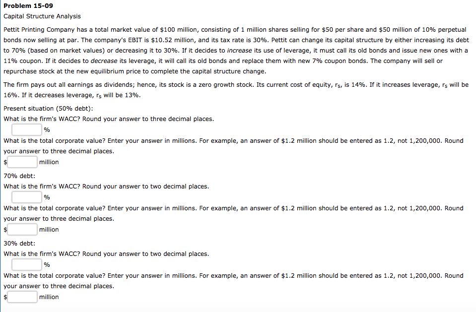  Problem 15-09 Capital Structure Analysis Pettit Printing Company has a total