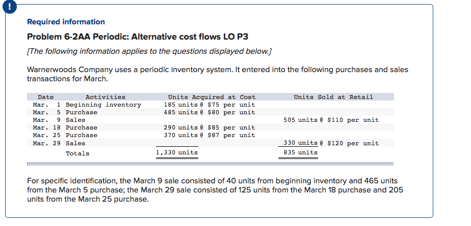 Required information Problem 6-2AA Periodic: Alternative cost flows LO P3 The