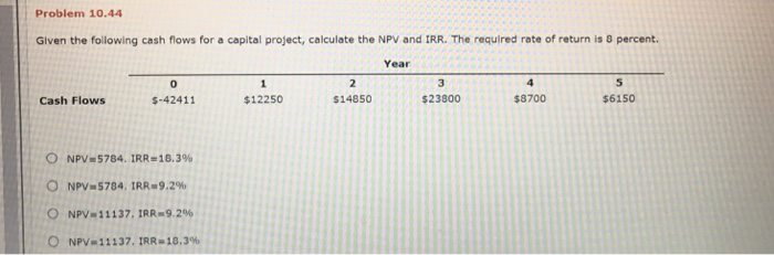  Problem 10.44 Given the following cash flows for a capital project,