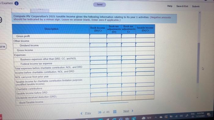 MV Corporation's 2021 taxable income given the following information relating to its