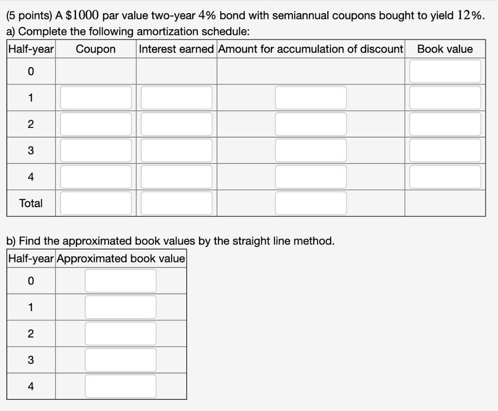 (5 points) A $1000 par value two-year 4% bond with semiannual