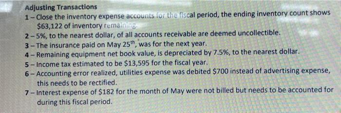 Post Closing Trail Balance Transactions (for the month of May 20x5) 1