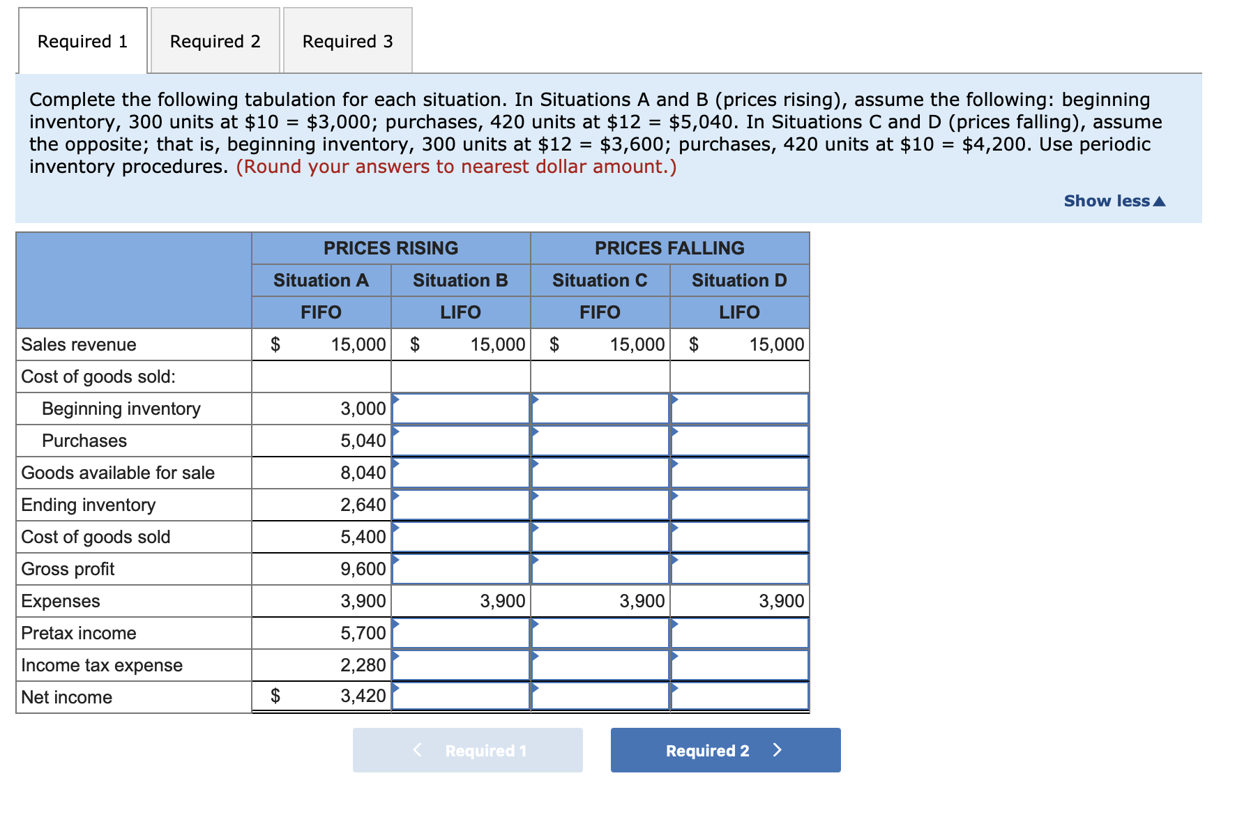 Prices are rising: (1) Situation A: FIFO is used. (2) Situation B: