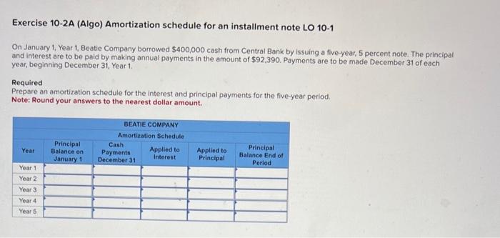  Exercise 10-2A (Algo) Amortization schedule for an installment note LO 10-1