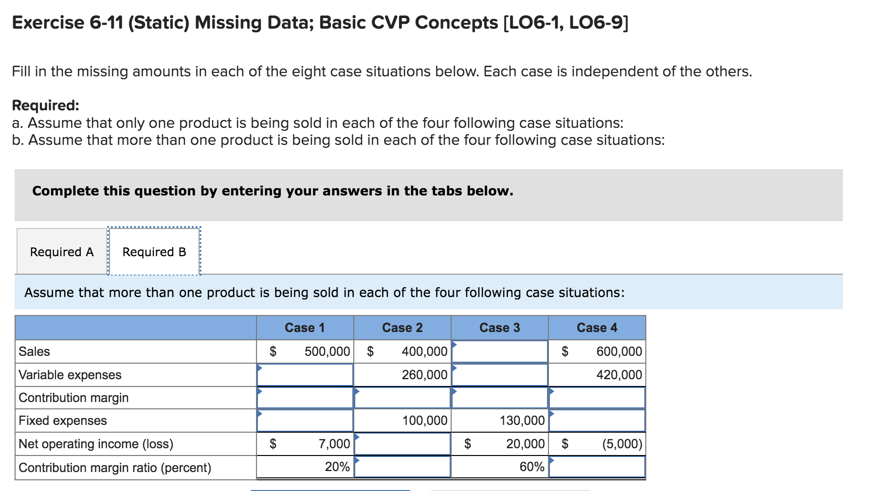 in the missing amounts in each of the eight case situations below.