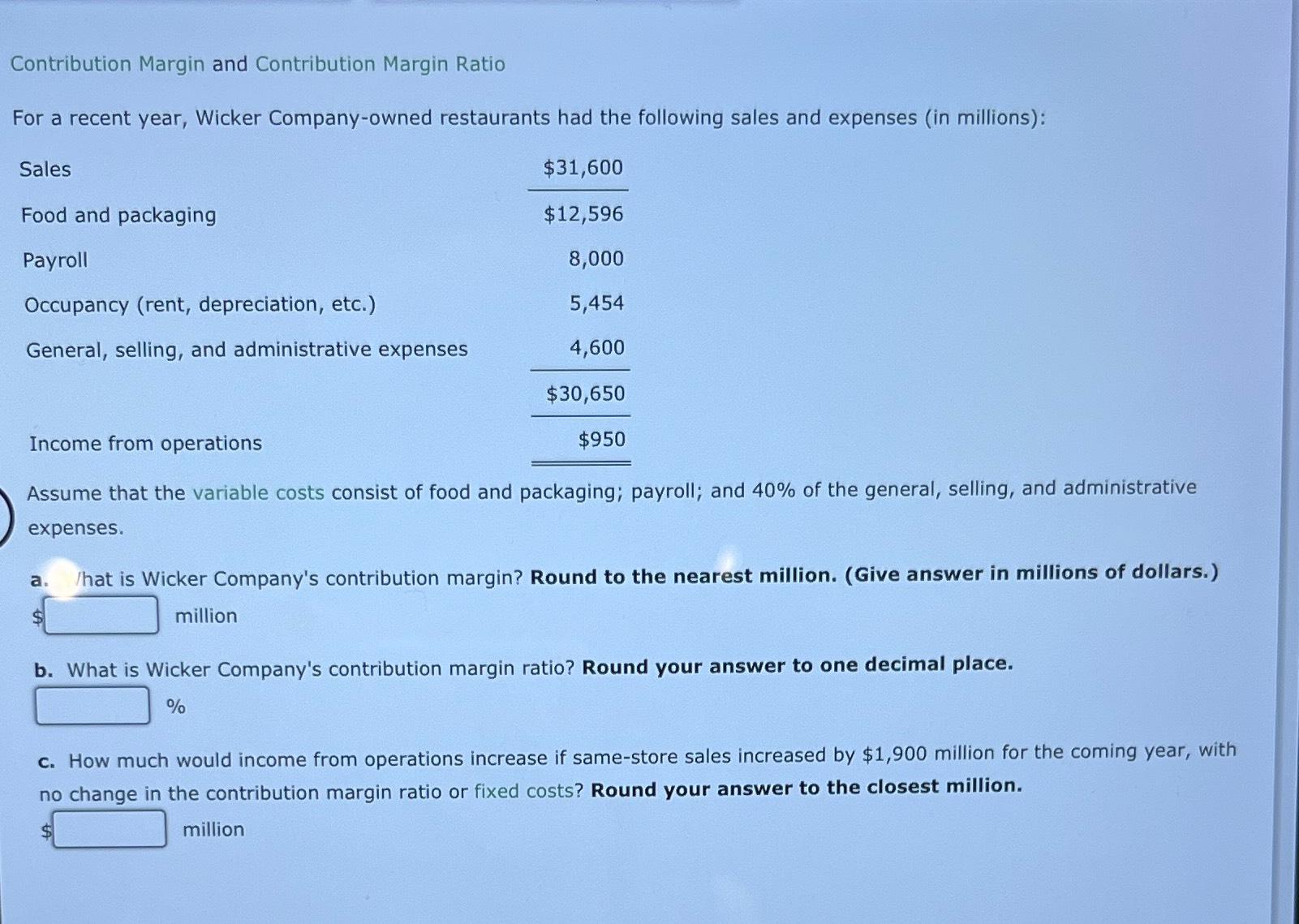  Contribution Margin and Contribution Margin Ratio For a recent year, Wicker