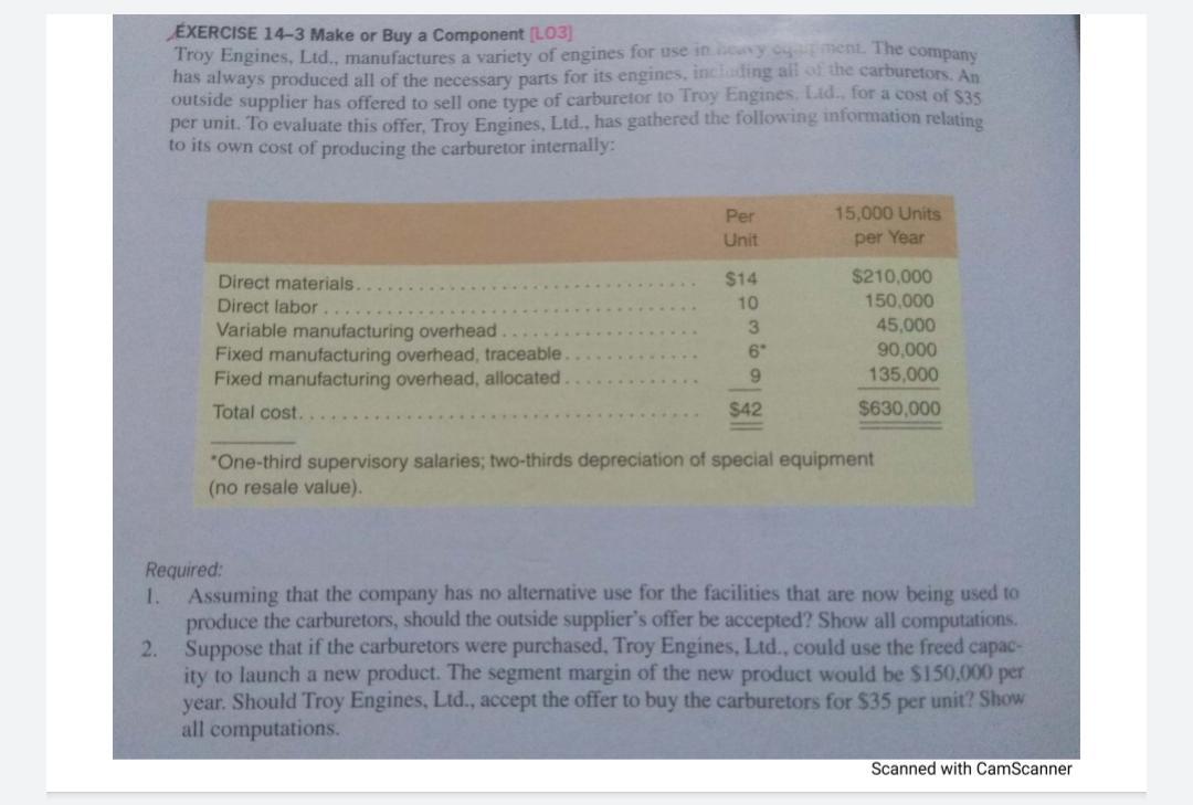  EXERCISE 14-3 Make or Buy a Component (L03) Troy Engines, Ltd.,
