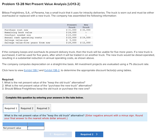  Problem 13-28 Net Present Value Analysis LO13-2) Bilboa Freightlines, S.A., of