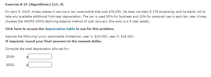 Exercise 8-27 (Algorithmic) (LO. 4) On April 5, 2019, Kinsey places
