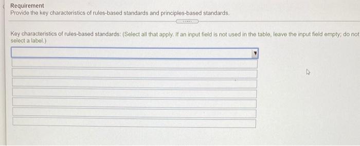  Requirement Provide the key characteristics of rules-based standards and principles-based standards
